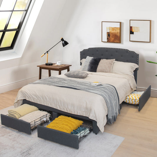 Queen Platform Bed Frame, Adjustable Headboard, 4 Storage Drawers, Gray Simple Bed Frame Gray at Gallery Canada