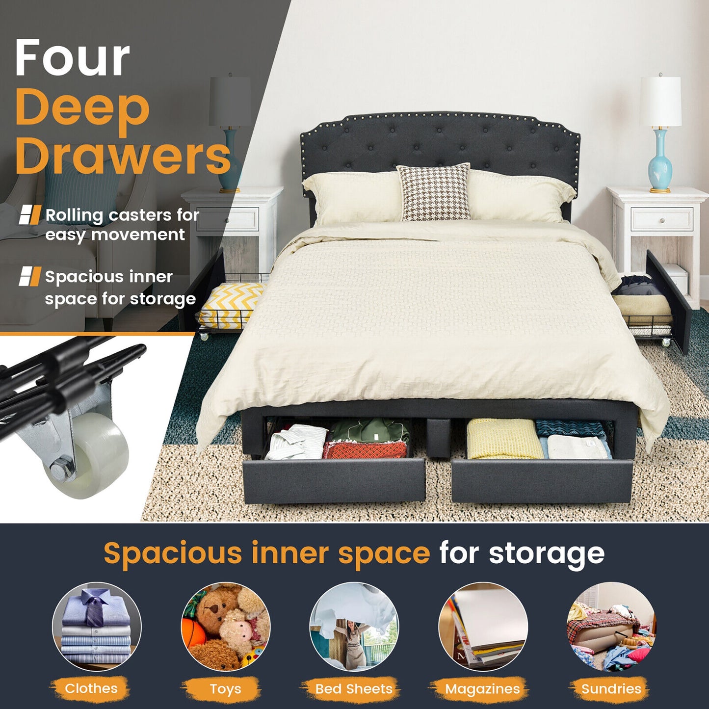 Platform Bed Frame With Adjustable Headboard, 4 Storage Drawers, Gray Simple Bed Frame at Gallery Canada