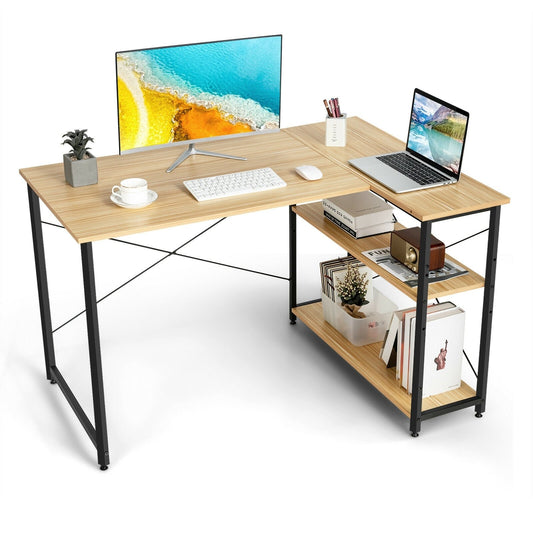 48 Inch Reversible L Shaped Computer Desk with Adjustable Shelf, Natural at Gallery Canada