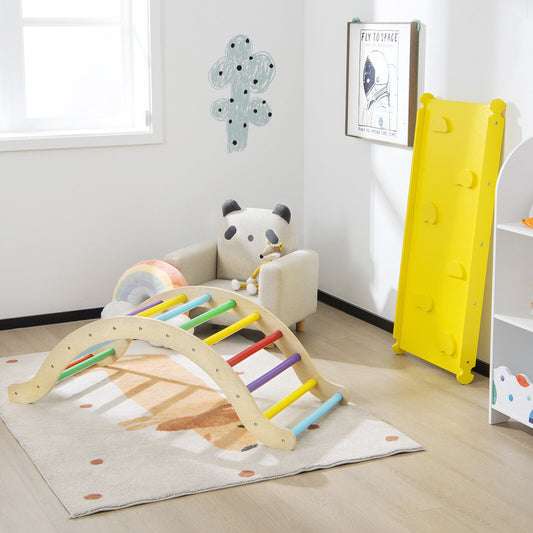 3-in-1 Kids Climber Set Wooden Arch Triangle Rocker with Ramp and Mat, Yellow Climbers & Slides Yellow at Gallery Canada