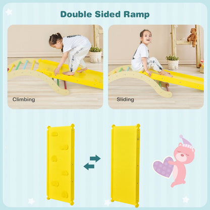 3-in-1 Kids Climber Set Wooden Arch Triangle Rocker with Ramp and Mat, Yellow