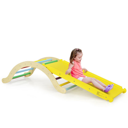 3-in-1 Kids Climber Set Wooden Arch Triangle Rocker with Ramp and Mat, Yellow