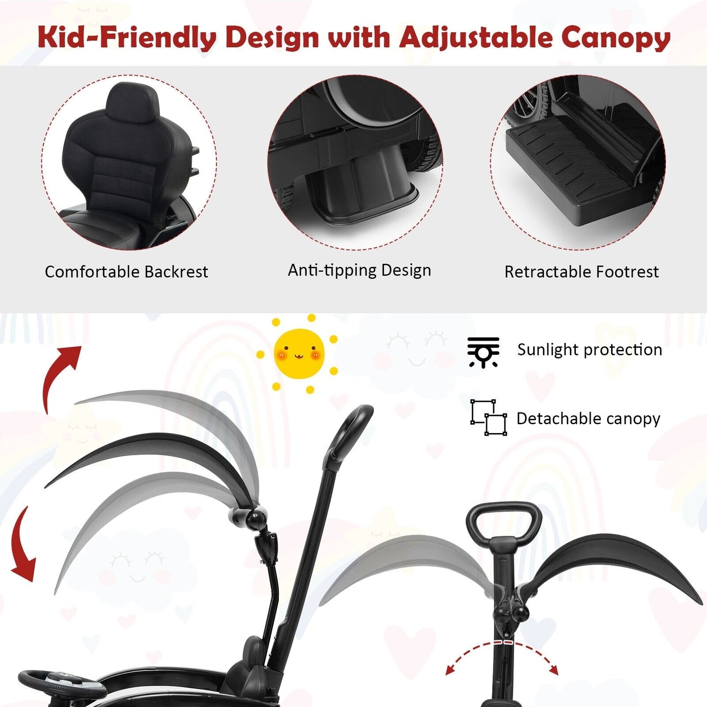 3-In-1 Ride on Push Car Mercedes Benz G350 Stroller Sliding Car with Canopy, Black