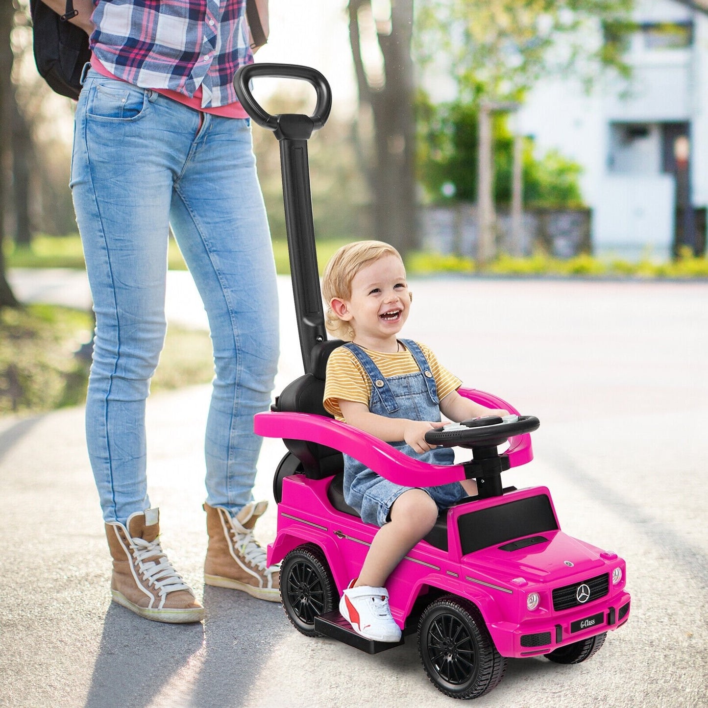 3-In-1 Ride on Push Car Mercedes Benz G350 Stroller Sliding Car with Canopy, Pink