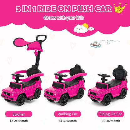 3-In-1 Ride on Push Car Mercedes Benz G350 Stroller Sliding Car with Canopy, Pink