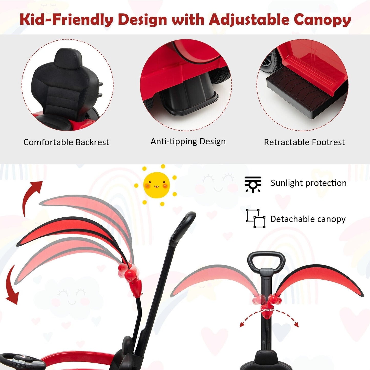 3-In-1 Ride on Push Car Mercedes Benz G350 Stroller Sliding Car with Canopy, Red
