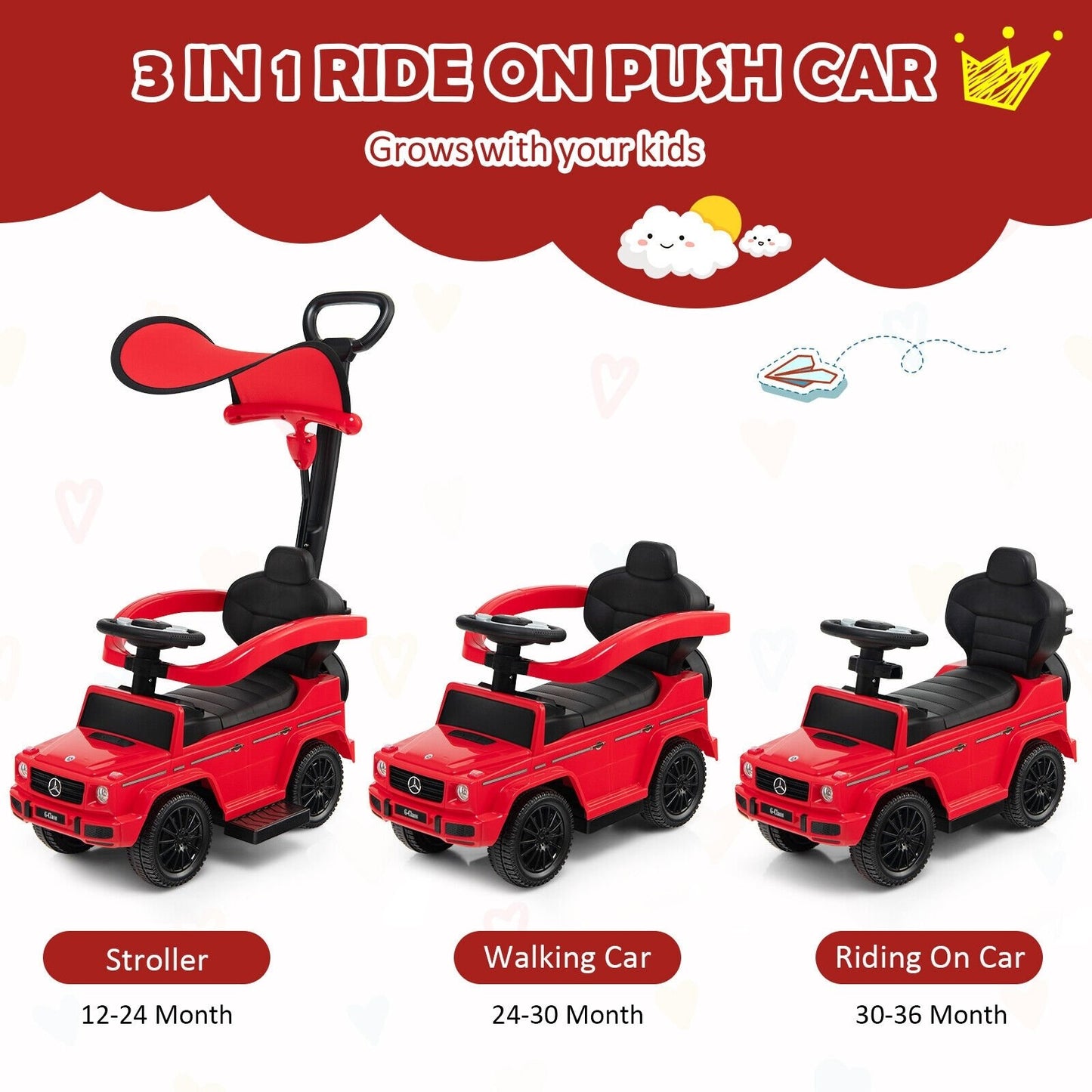 3-In-1 Ride on Push Car Mercedes Benz G350 Stroller Sliding Car with Canopy, Red