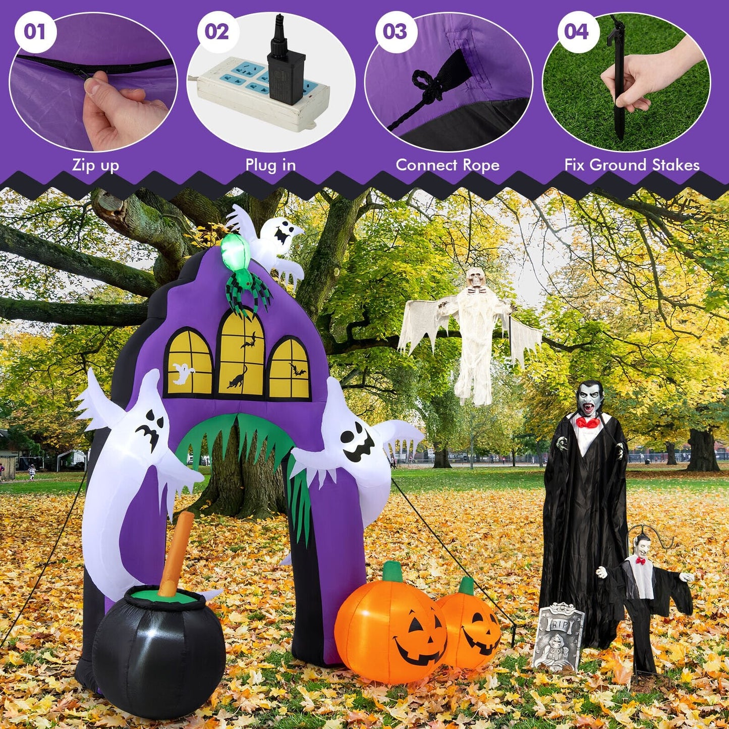 9 Feet Tall Halloween Inflatable Castle Archway Decor with Spider Ghosts and Built-in, Purple