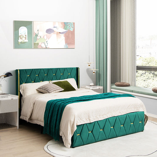 Queen/Full Size Upholstered Platform Bed Frame, Adjustable Headboard, Green Simple Bed Frame Green at Gallery Canada