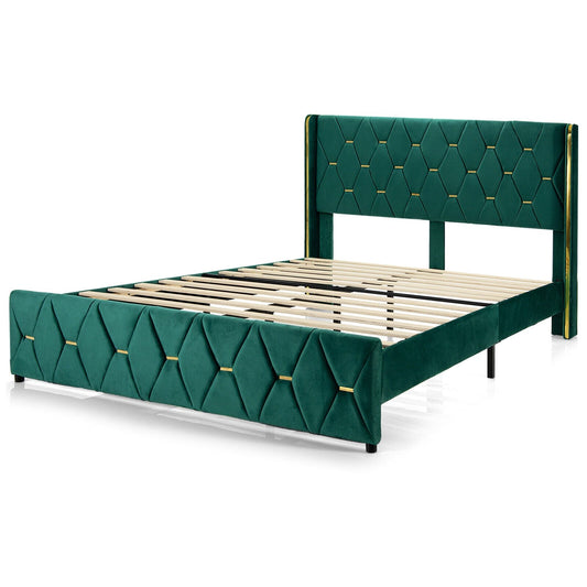 Queen/Full Size Upholstered Platform Bed Frame with Adjustable Headboard-Full Size, Green