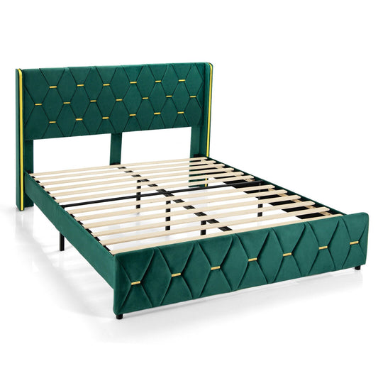 Queen/Full Size Upholstered Platform Bed Frame with Adjustable Headboard-Queen Size, Green