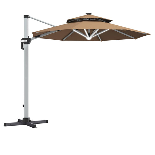 10 Feet 360° Rotation Aluminum Solar LED Patio Cantilever Umbrella without Weight Base, Tan