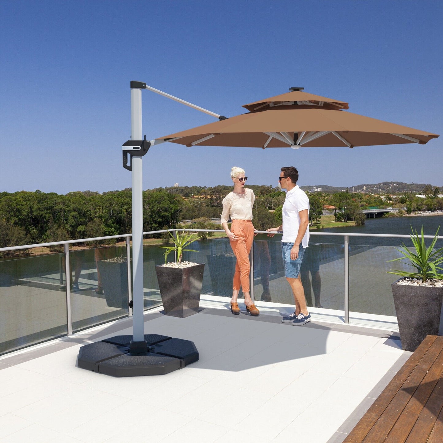 10 Feet 360° Rotation Aluminum Solar LED Patio Cantilever Umbrella without Weight Base, Tan at Gallery Canada