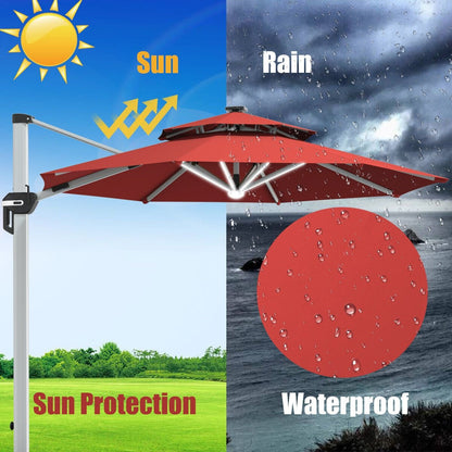10 Feet 360° Rotation Aluminum Solar LED Patio Cantilever Umbrella without Weight Base, Dark Red at Gallery Canada
