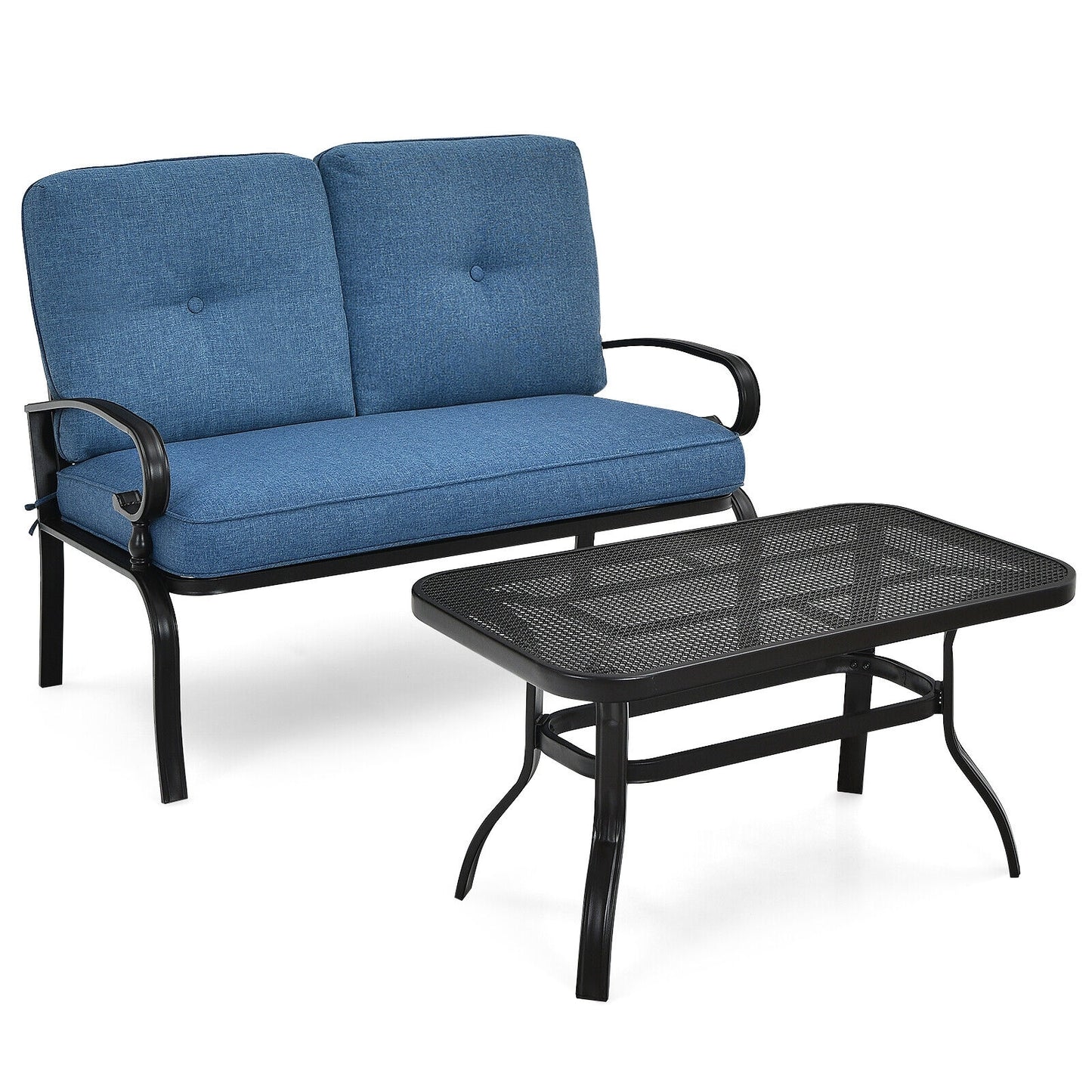 2 Pieces Patio Loveseat Bench Table Furniture Set with Cushioned Chair, Blue Patio Conversation Sets at Gallery Canada