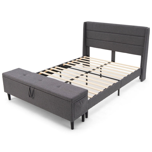 Full/Queen Size Upholstered Platform Bed Frame with Storage Ottoman-Full Size, Gray