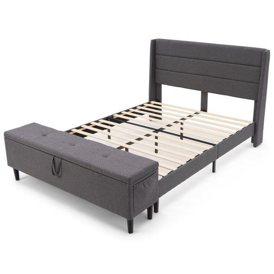Full/Queen Size Upholstered Platform Bed Frame with Storage Ottoman-Queen Size, Gray