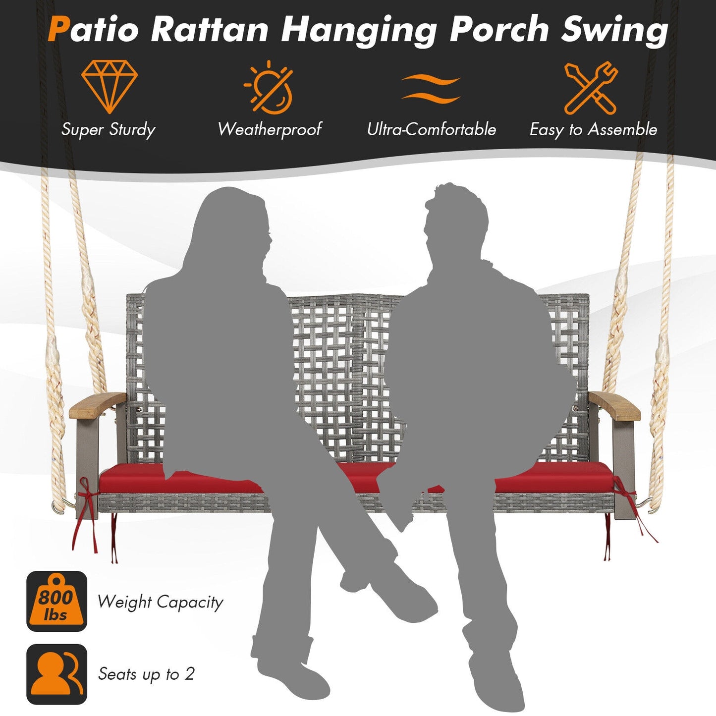 2-Person Patio Wicker Hanging Swing Chair, Red Porch Swings at Gallery Canada