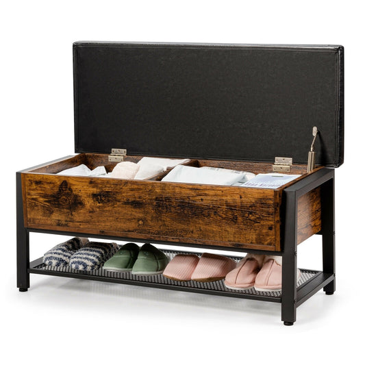 Industrial Storage Shoe Bench with Two Divided Space, Rustic Brown