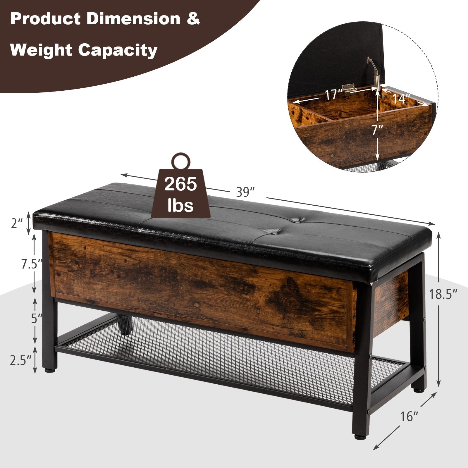 Industrial Storage Shoe Bench with Two Divided Space, Rustic Brown at Gallery Canada