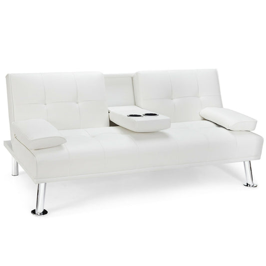 Convertible Folding Leather Futon Sofa with Cup Holders and Armrests, White at Gallery Canada
