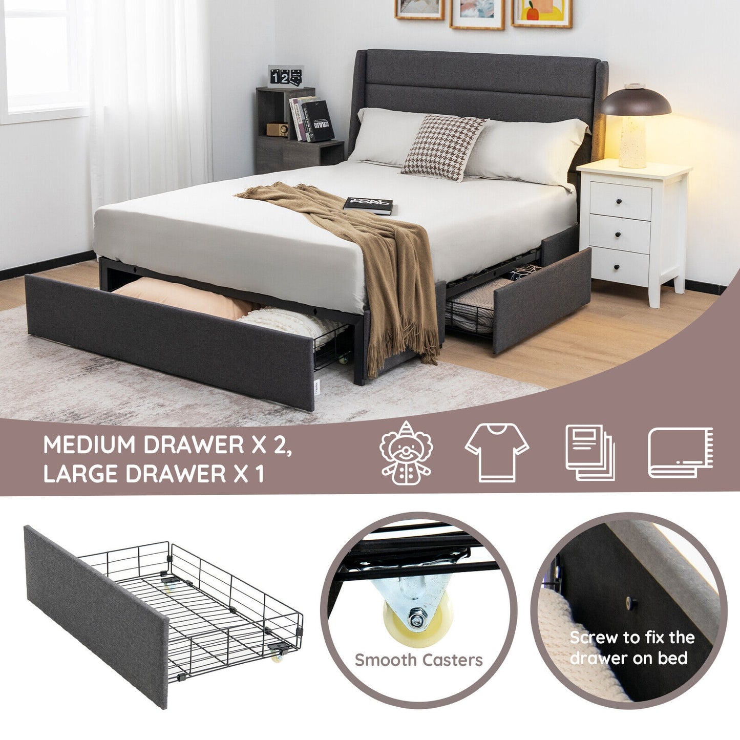 Full Size Upholstered Platform Bed Frame With 3 Storage Drawers, Gray Simple Bed Frame at Gallery Canada