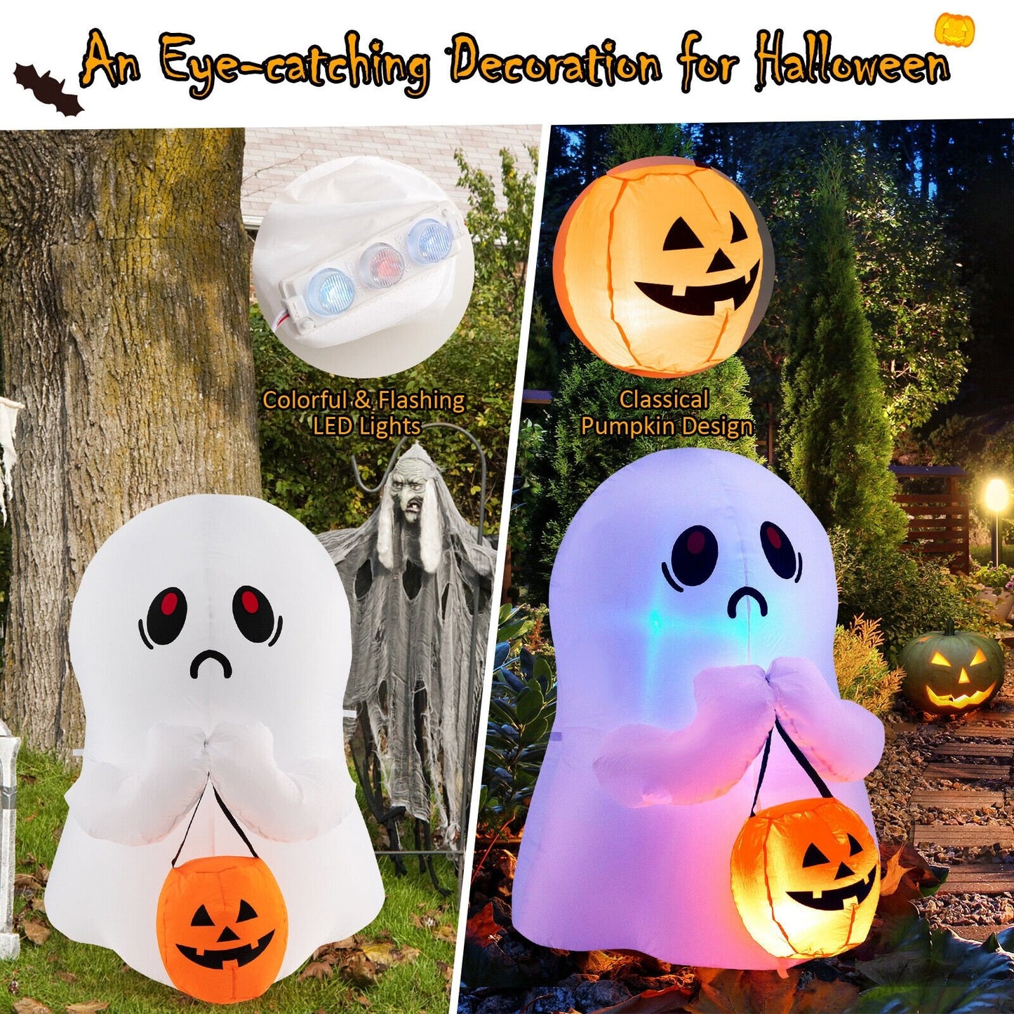 4 Feet Halloween Inflatable Ghost Holding Pumpkin Decor with LED Lights, Multicolor at Gallery Canada