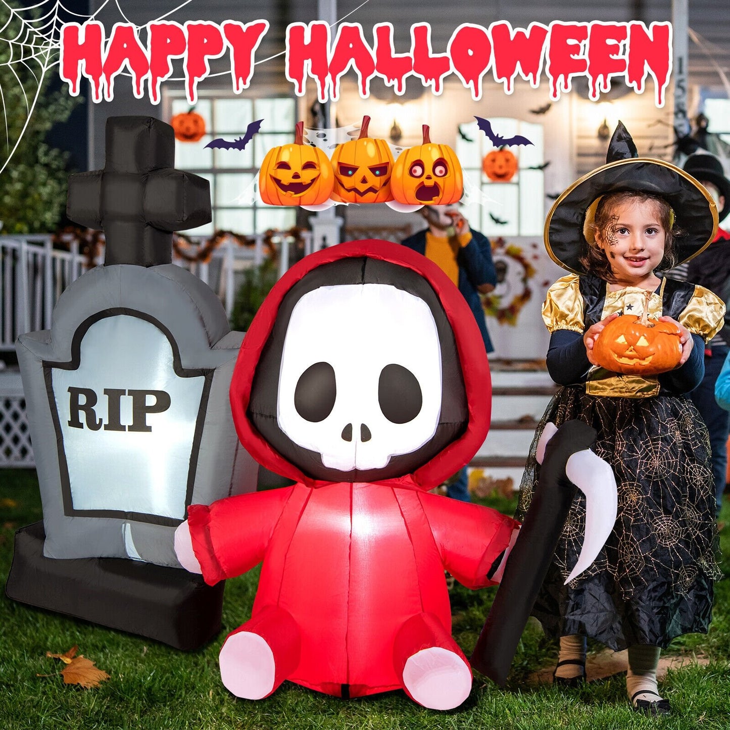 5 Feet Inflatable Halloween Ghost Holding Sickle and Tombstone Yard Decor, Multicolor