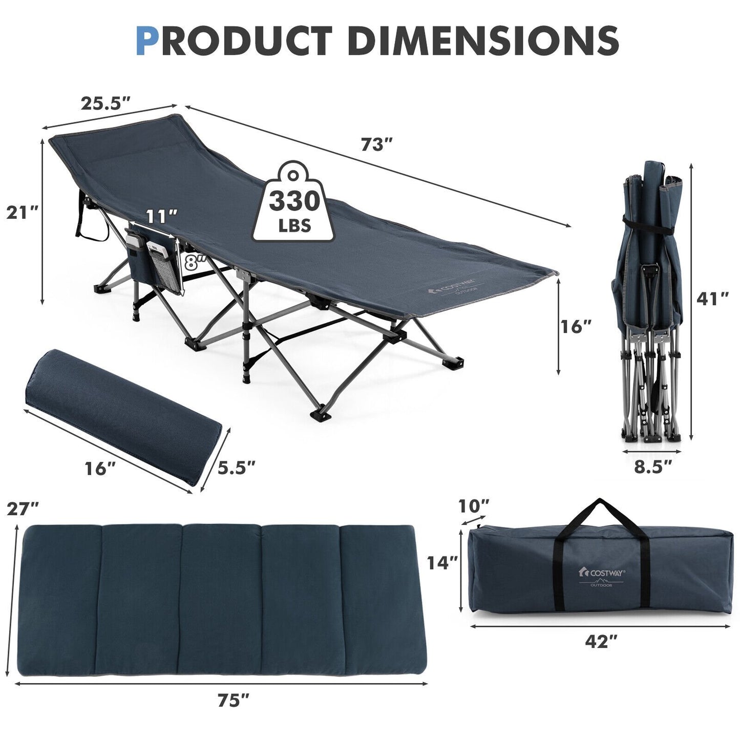 Folding Retractable Travel Camping Cot with Mattress and Carry Bag, Blue at Gallery Canada