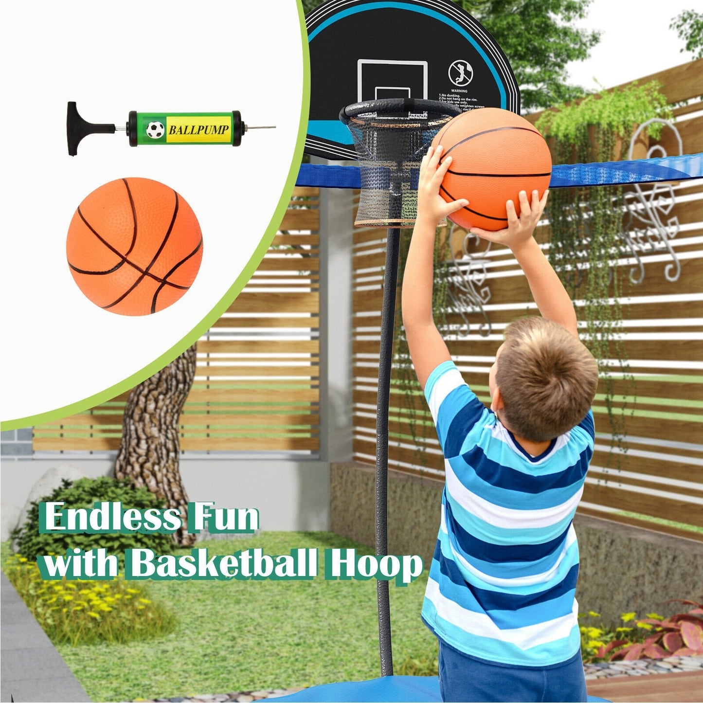 8 Feet Recreational Trampoline with Basketball Hoop and Net Ladder, Blue
