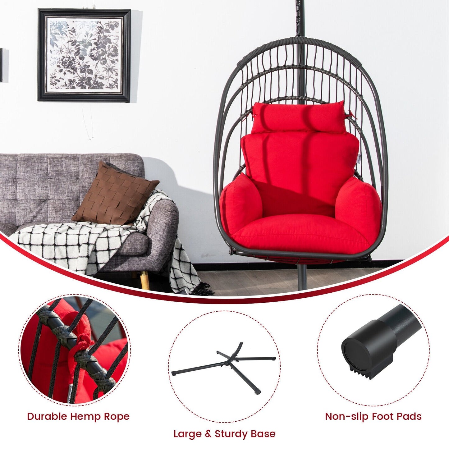 Hanging Folding Egg Chair with Stand Soft Cushion Pillow Swing Hammock, Red