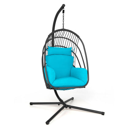 Hanging Folding Egg Chair with Stand Soft Cushion Pillow Swing Hammock, Turquoise