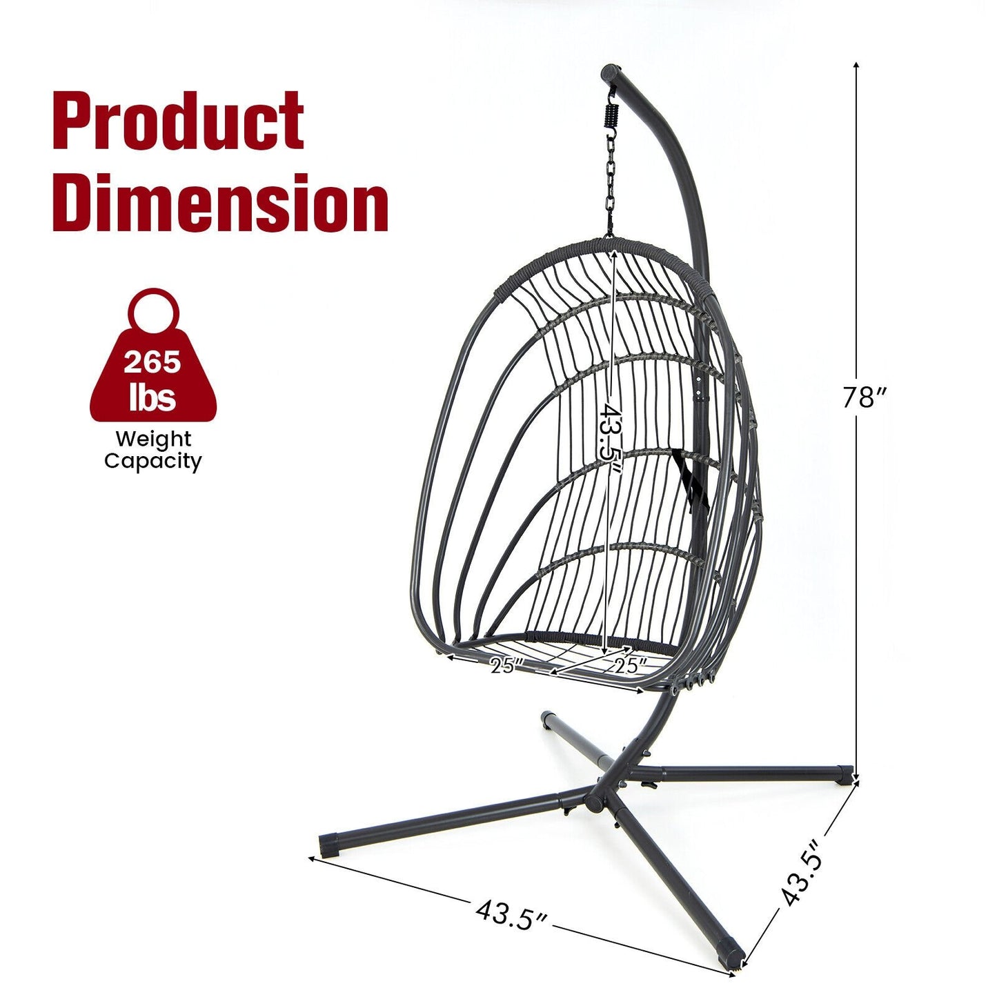 Hanging Folding Egg Chair with Stand Soft Cushion Pillow Swing Hammock, Red