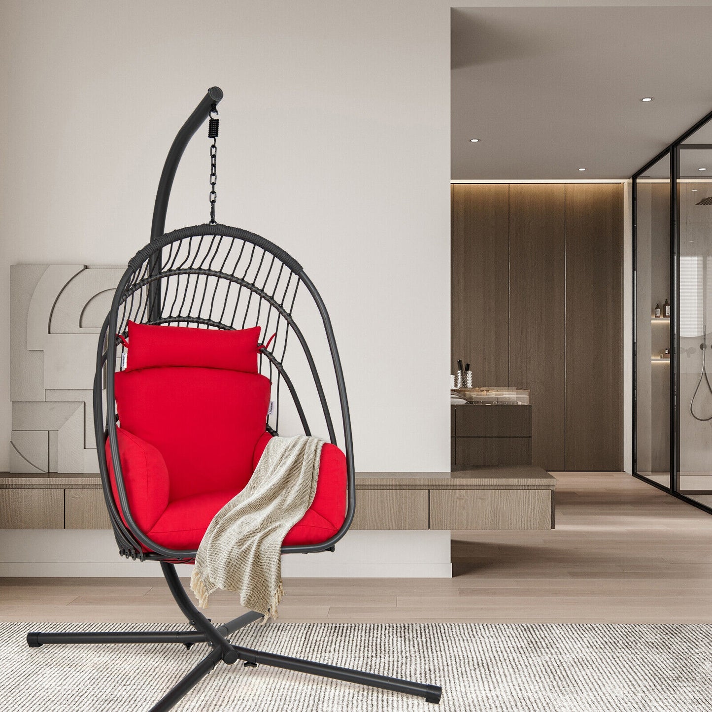 Hanging Folding Egg Chair with Stand Soft Cushion Pillow Swing Hammock, Red Hammocks at Gallery Canada