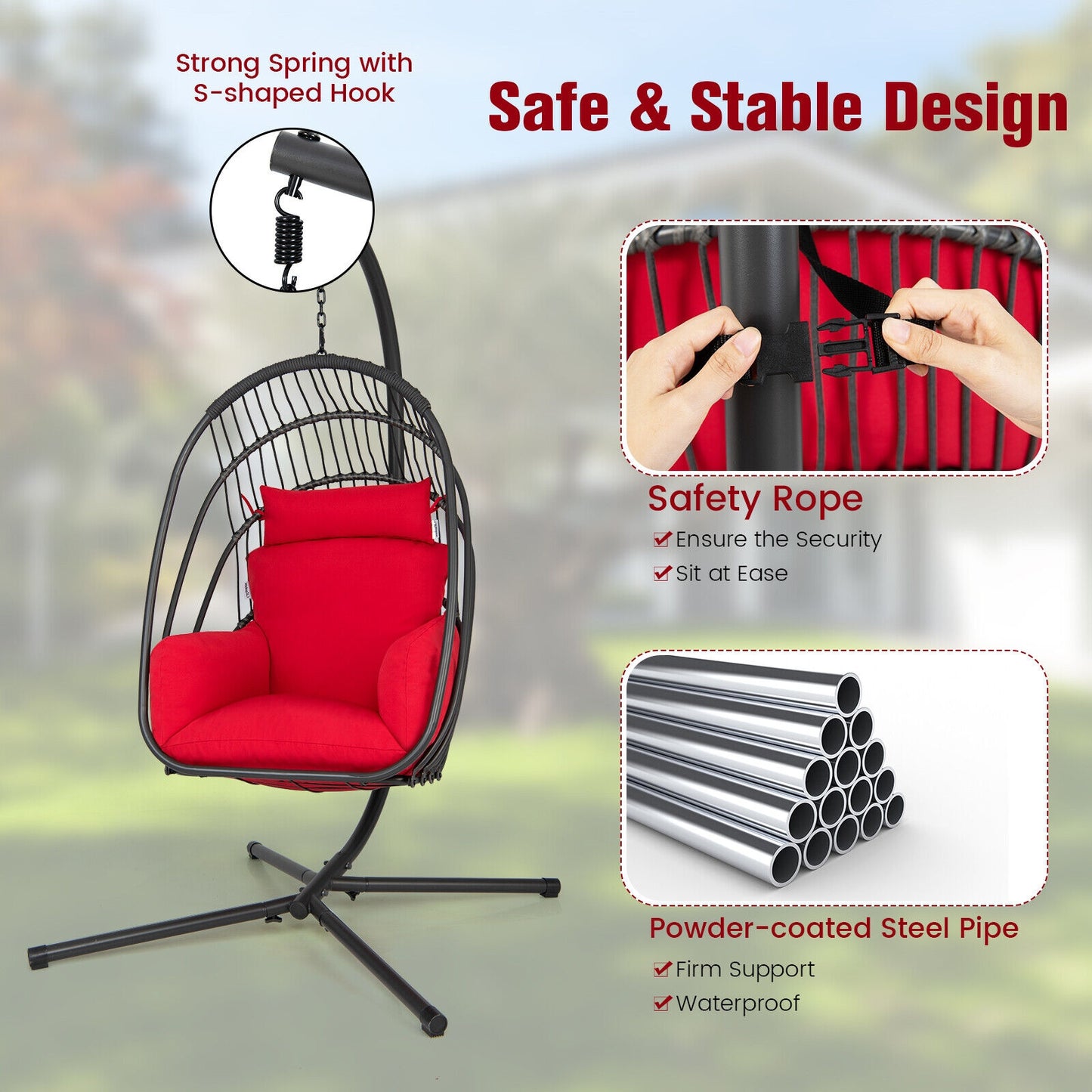 Hanging Folding Egg Chair with Stand Soft Cushion Pillow Swing Hammock, Red Hammocks at Gallery Canada