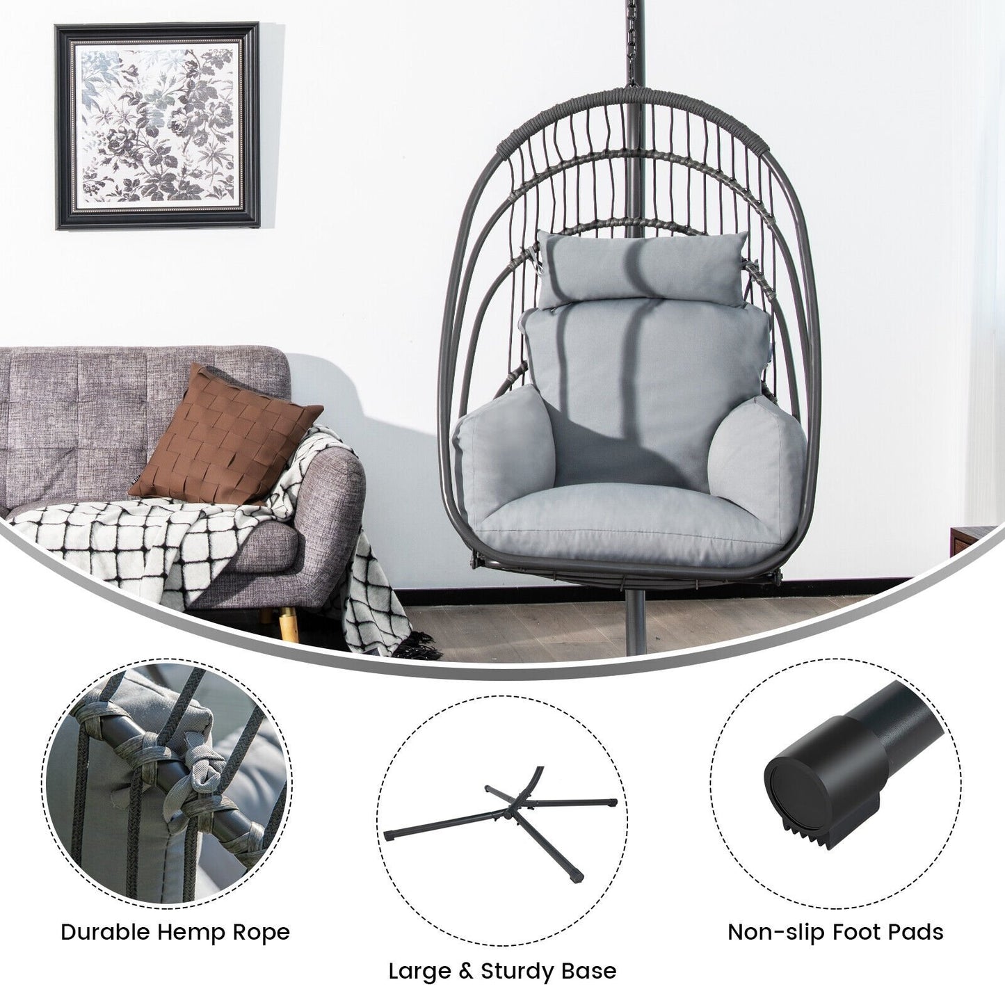 Hanging Folding Egg Chair with Stand Soft Cushion Pillow Swing Hammock, Gray