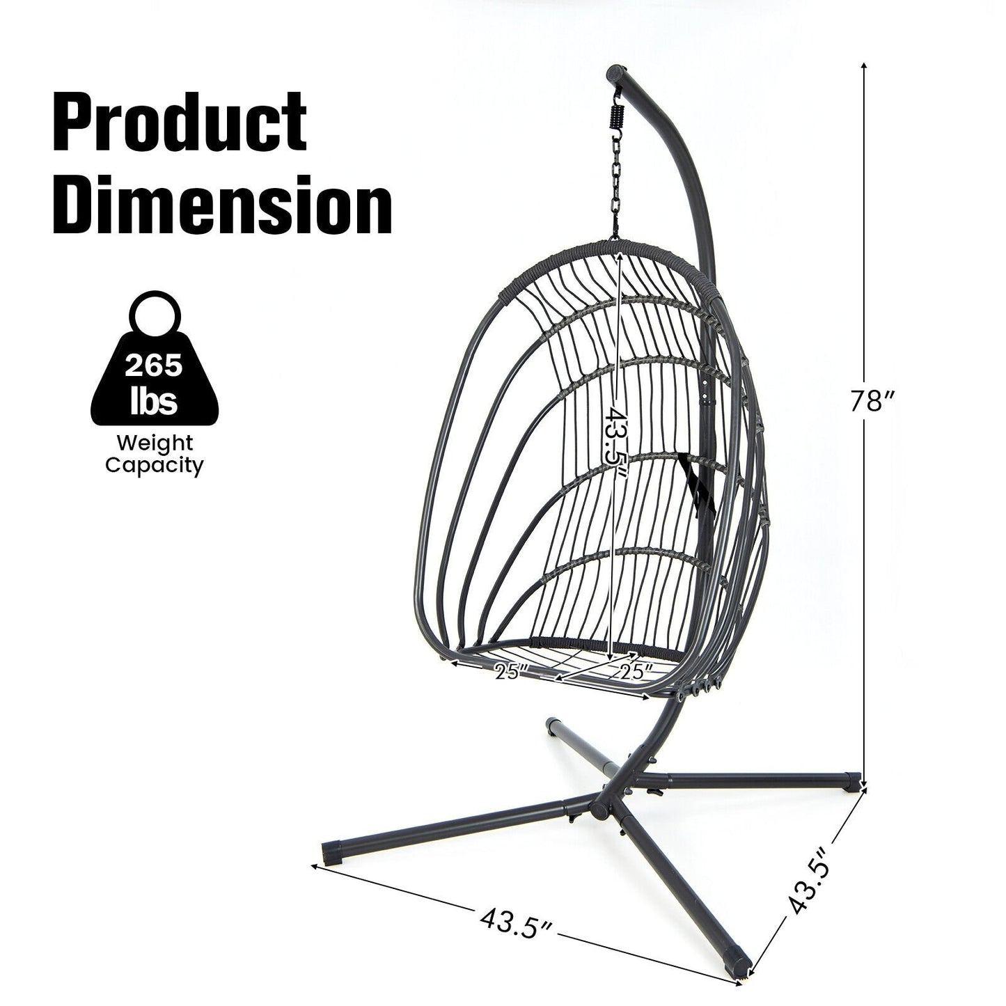 Hanging Folding Egg Chair with Stand Soft Cushion Pillow Swing Hammock, Gray