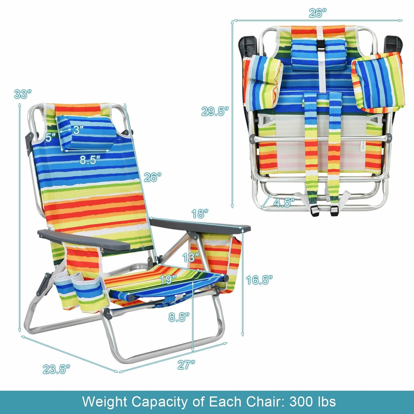 4-Pack 5-Position Outdoor Folding Backpack Beach Reclining Chair with Pillow, Yellow at Gallery Canada