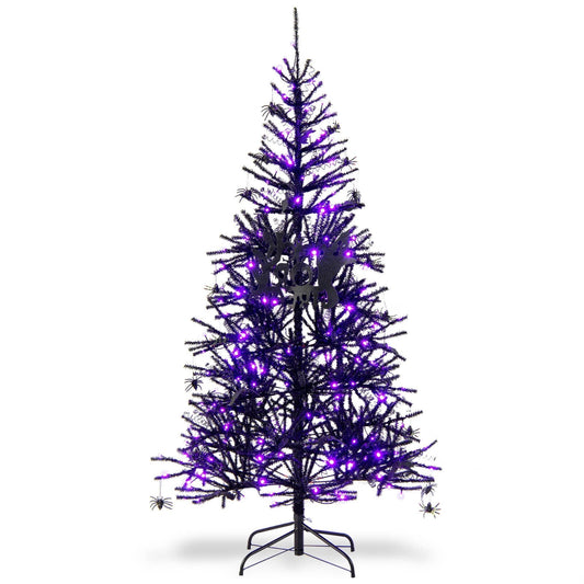 6 Feet Pre-Lit Hinged Halloween Tree with 250 Purple LED Lights and 25 Ornaments, Black
