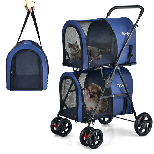 4-in-1 Double Pet Stroller with Detachable Carrier and Travel Carriage, Blue