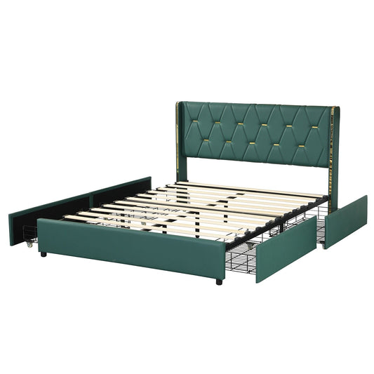 Full/Queen Size Upholstered Bed Frame with 4 Drawers-Green-Full Size, Green