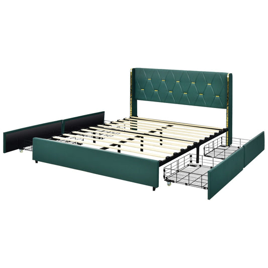 Full/Queen Size Upholstered Bed Frame with 4 Drawers-Green-Queen Size, Green