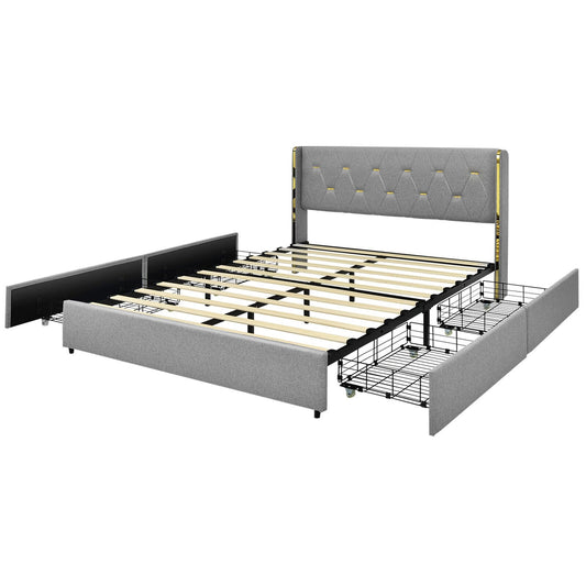 Full/Queen Size Upholstered Bed Frame with 4 Drawers-Silver-Full Size, Silver