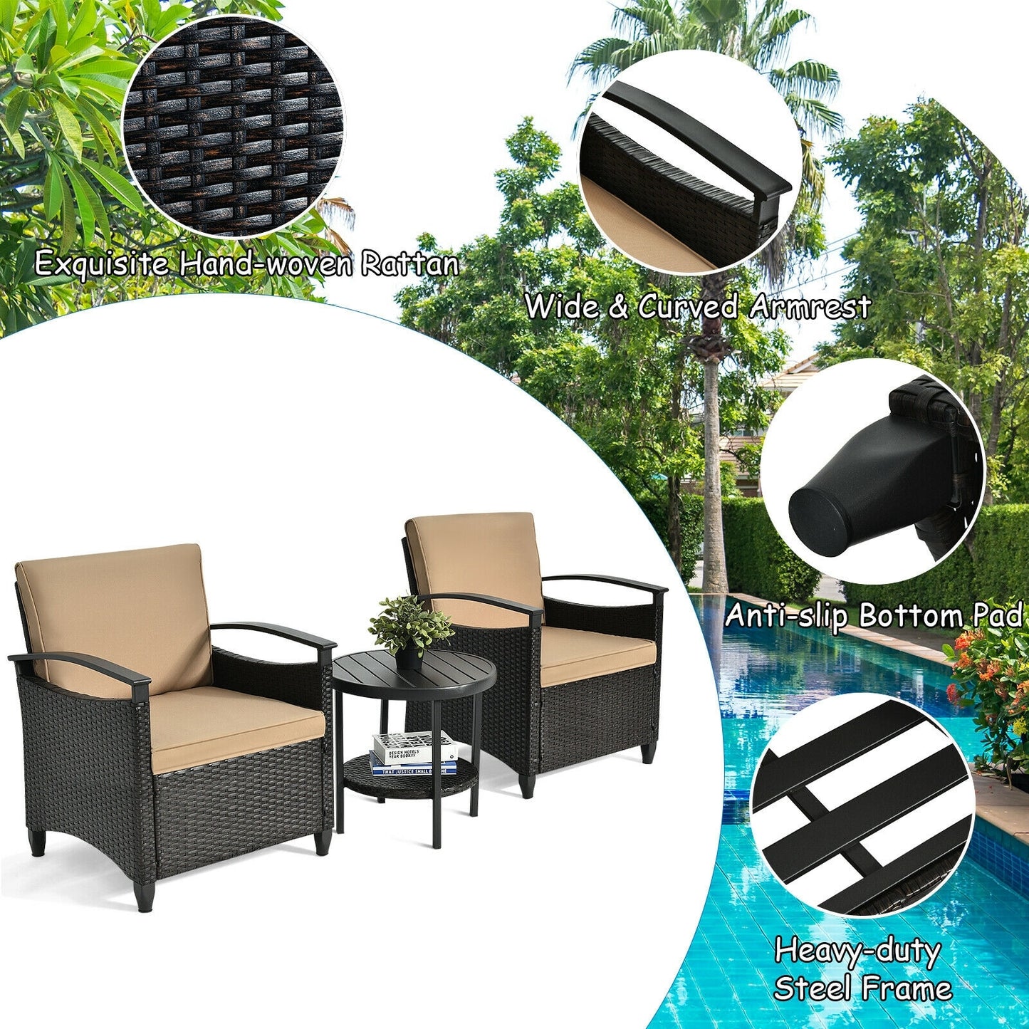 3 Pieces Patio Rattan Furniture Set Cushioned Sofa Storage Table with Shelf Garden, Brown Patio Conversation Sets at Gallery Canada
