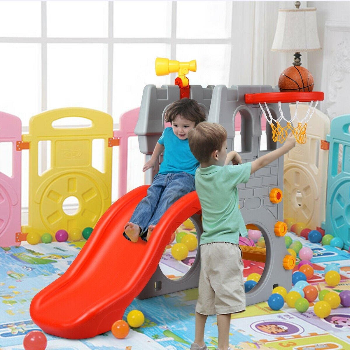 5 in 1 Toddler Climber Slide Playset with Basketball Hoop and Telescope, Multicolor