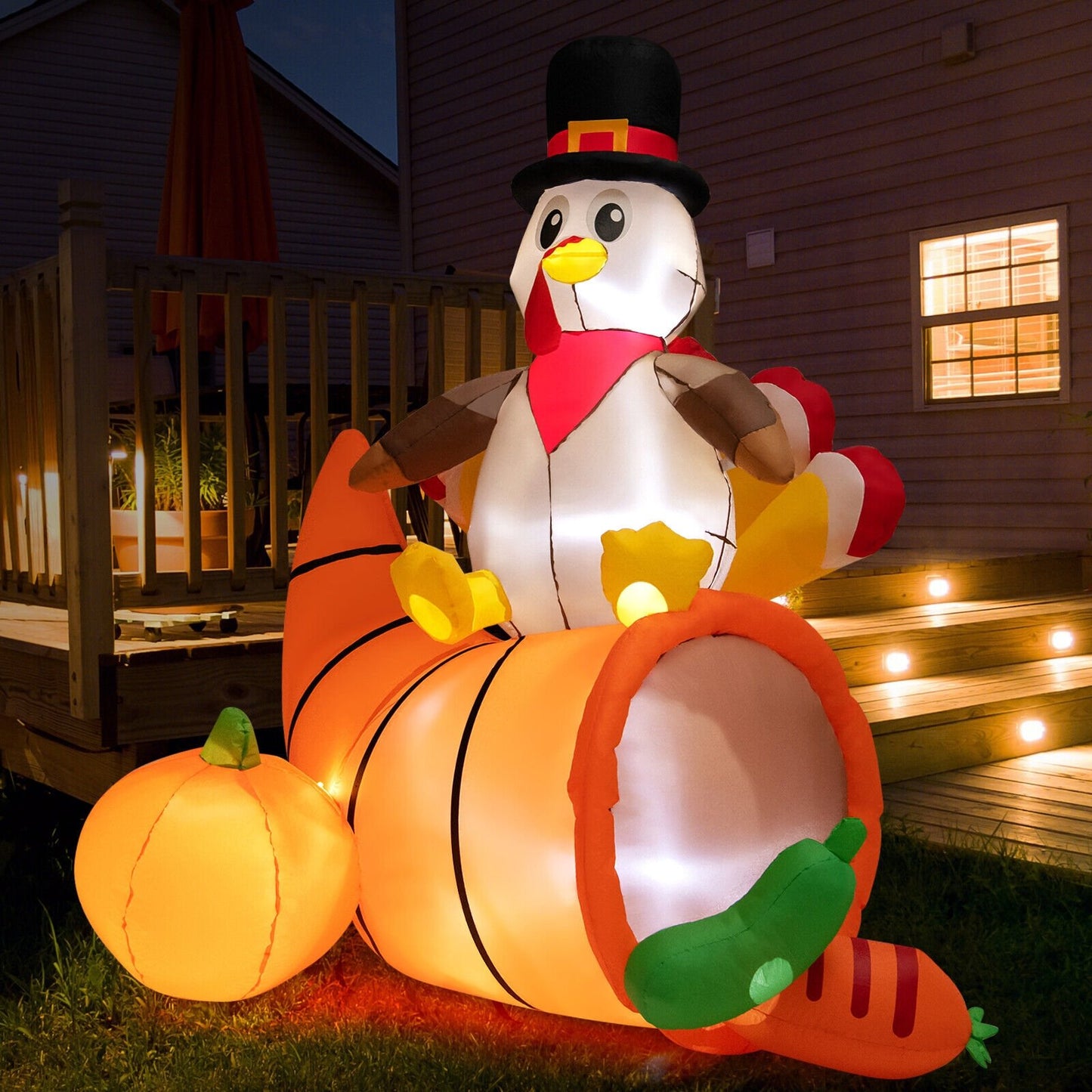 6 Feet Thanksgiving Inflatable Turkey on Cornucopia Harvest Autumn Decor with Light, Multicolor