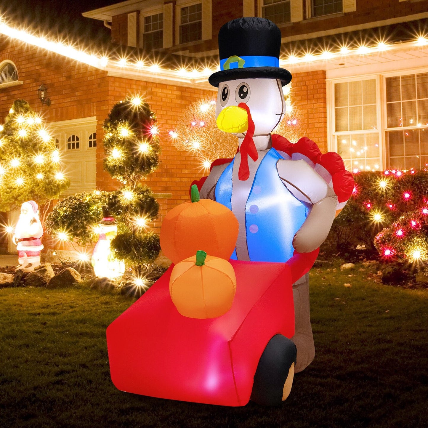 6 Feet Thanksgiving Inflatable Turkey Pushing Pumpkin Cart, Multicolor