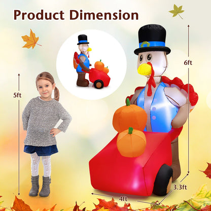 6 Feet Thanksgiving Inflatable Turkey Pushing Pumpkin Cart, Multicolor