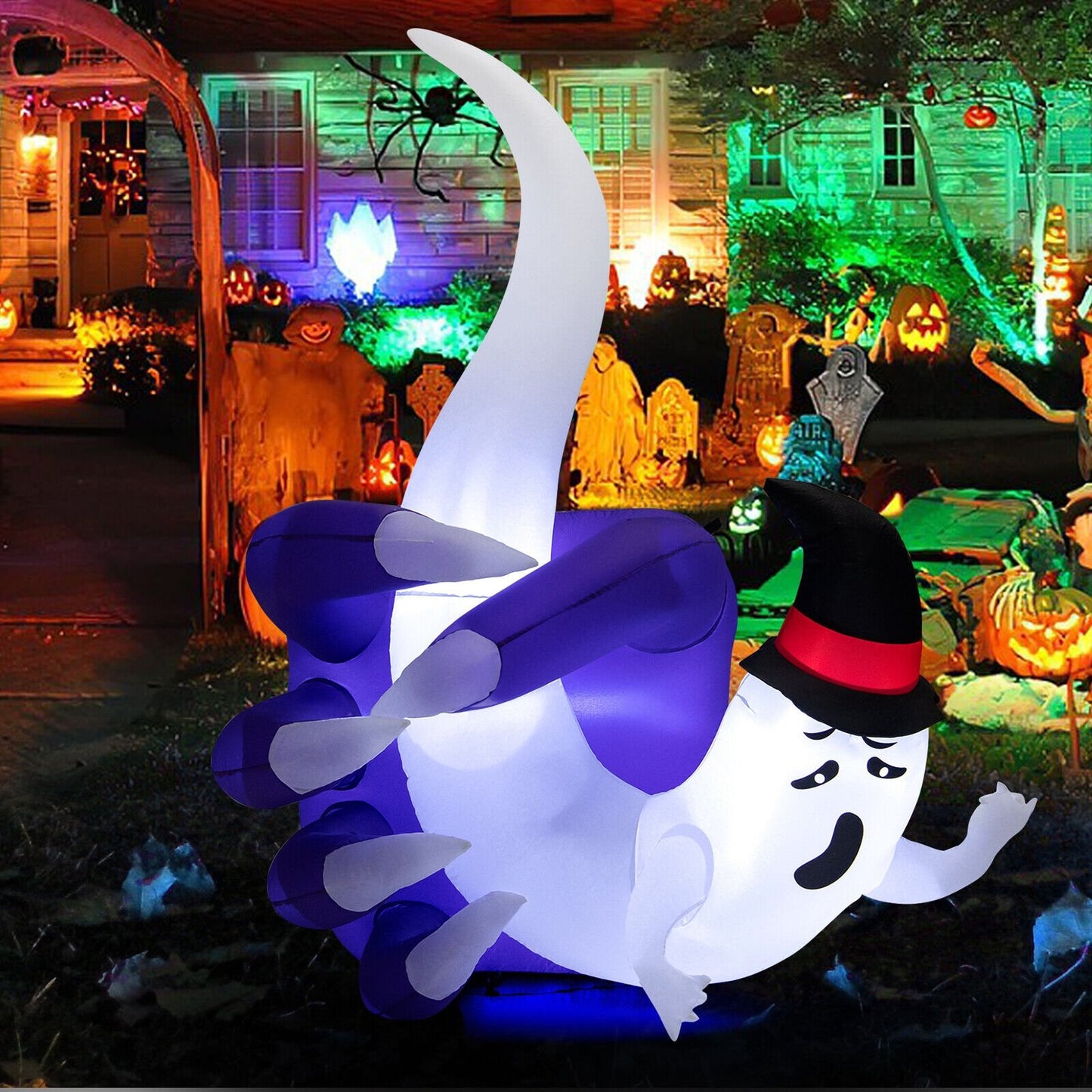 6 Feet Halloween Inflatable Hand Hold the Ghost with Built-in LED and Air Blower, White