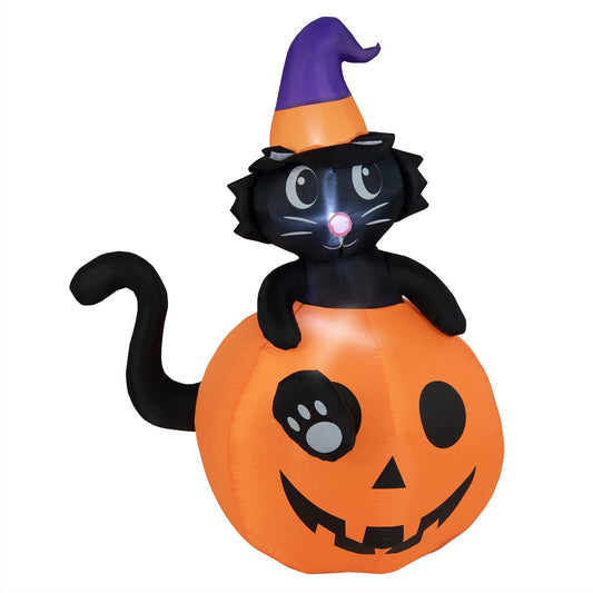 5 Feet Inflatable Halloween Pumpkin with Witch's Black Cat, Multicolor